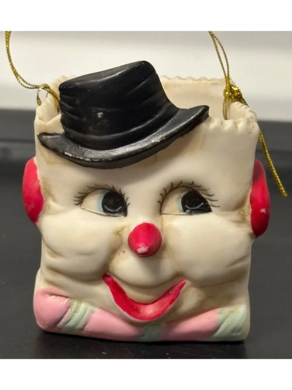 Vintage Bisque porcelain Snowman Christmas Paper Bag Gift Holder Ring Treat Box